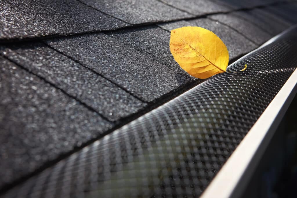 Yellow leaf resting on roof shingles and gutter