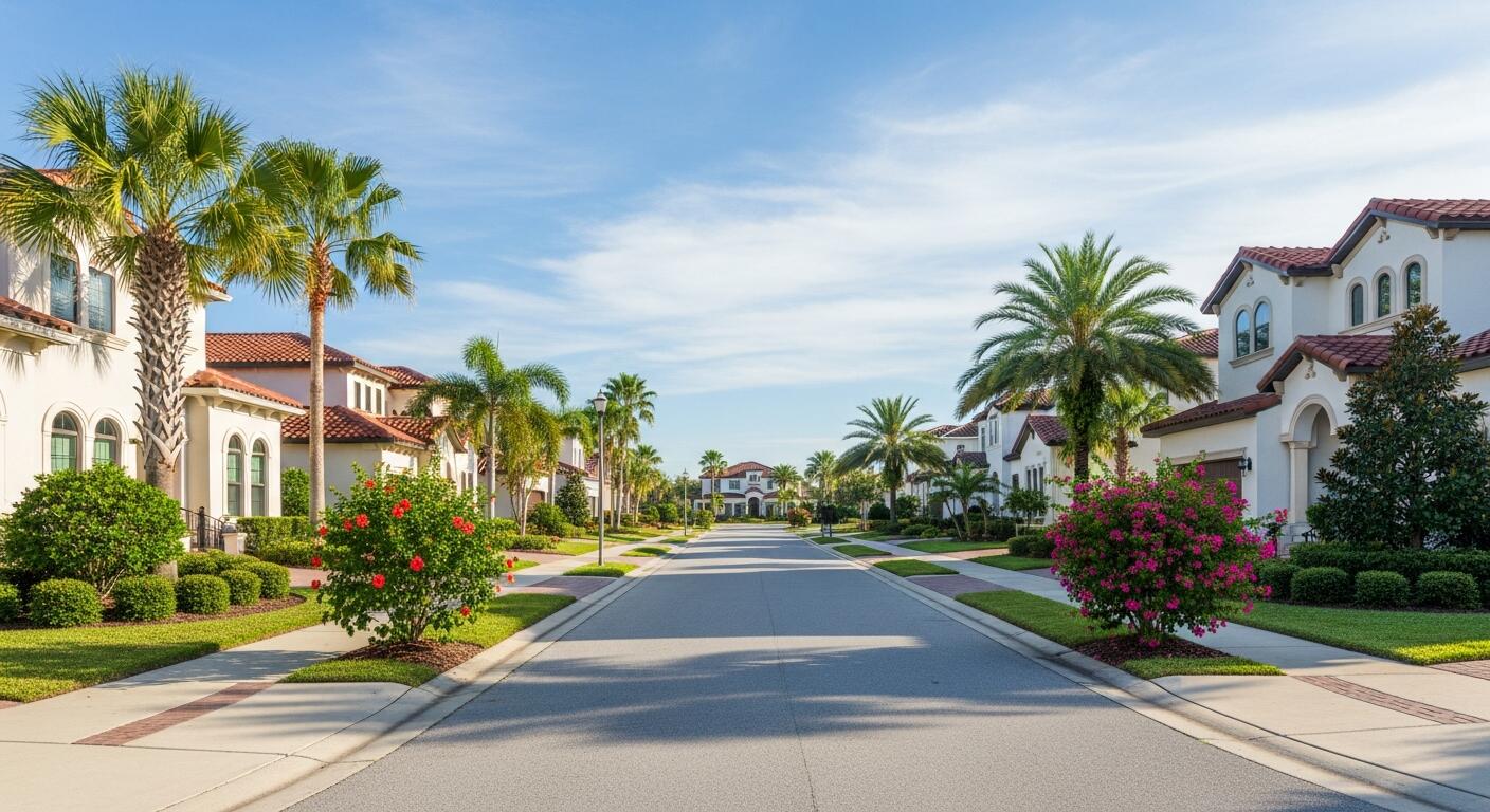 Palm-lined suburban street with Mediterranean-style homes
