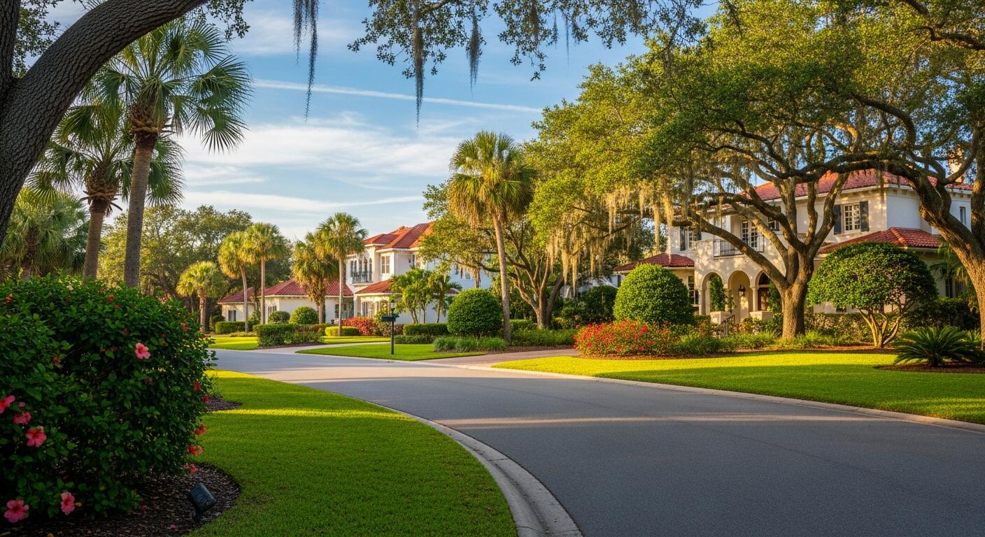 Mediterranean-style homes along palm-lined suburban street