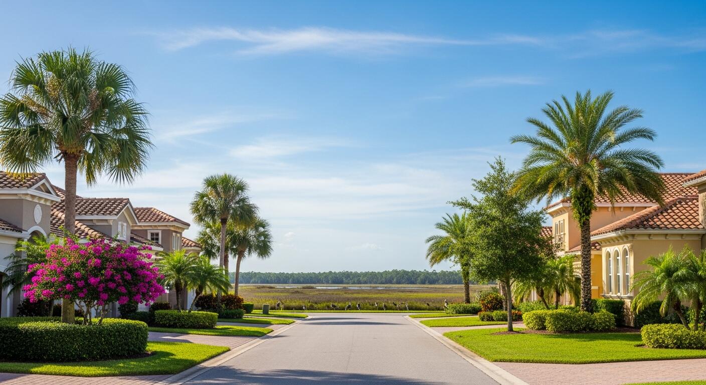 Palm-lined suburban street with Mediterranean-style homes