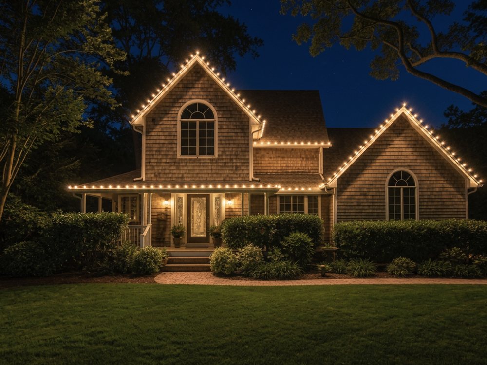 Warm white C9 lights along the gables, porch line and roofline of a two-story shingled home at dusk
