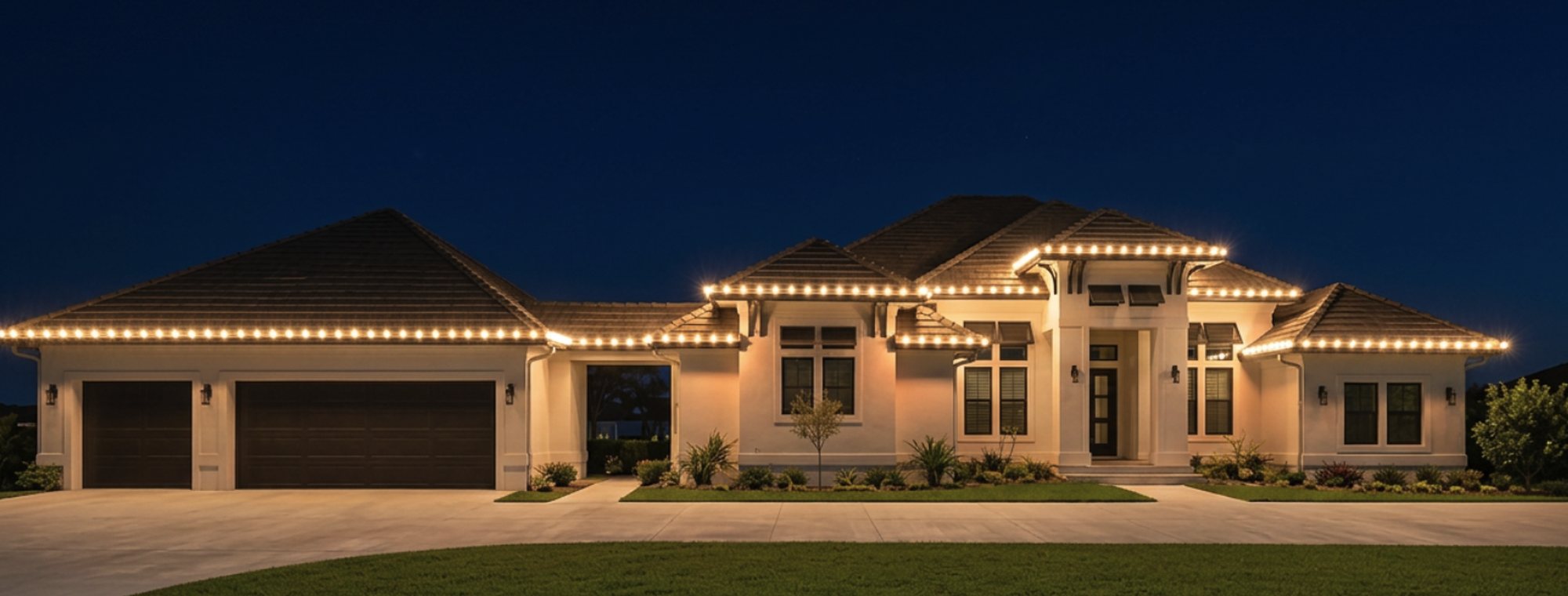 Warm white C9 lights running the full roofline and peaks of a home at dusk