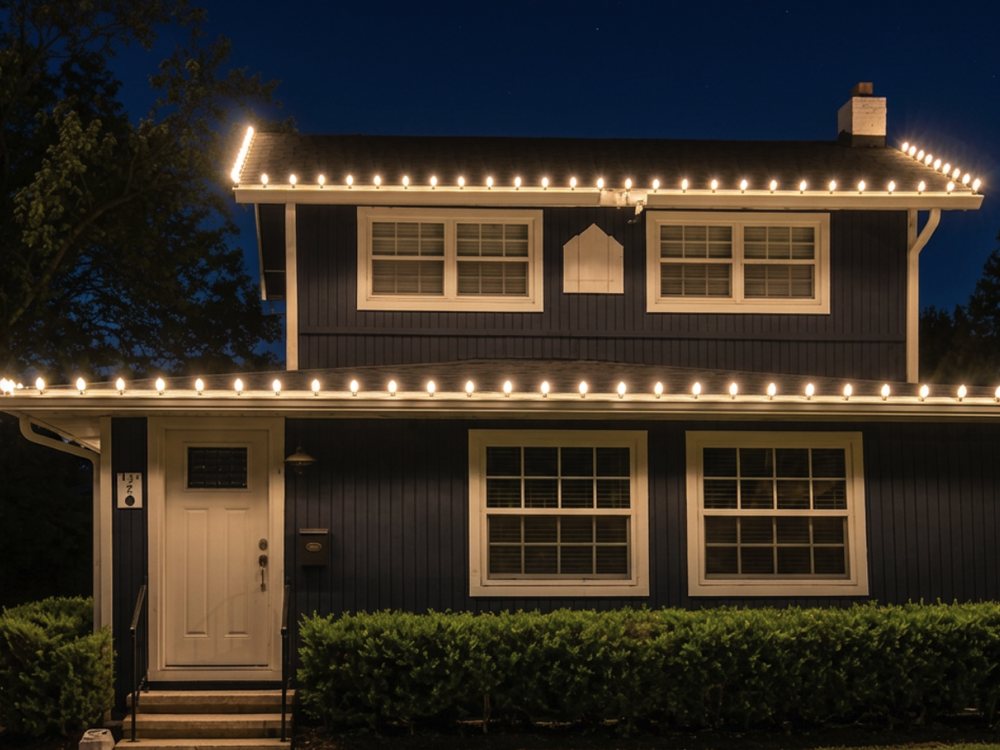 Warm white C9 lights running two clean roofline runs across the front of a two-story home at dusk